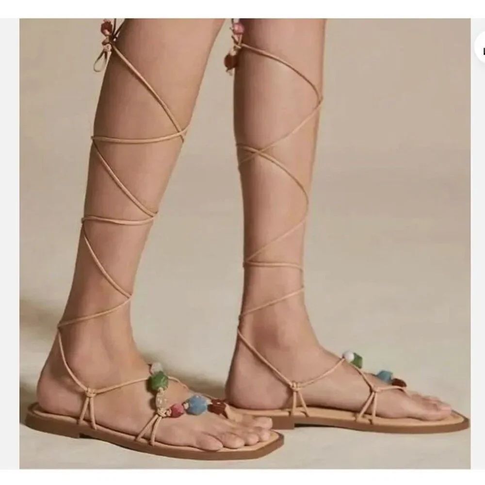 Schutz Womens Gem Atanado Leather Sandals Flats Tan Nude Size 6  Lace Up New Box